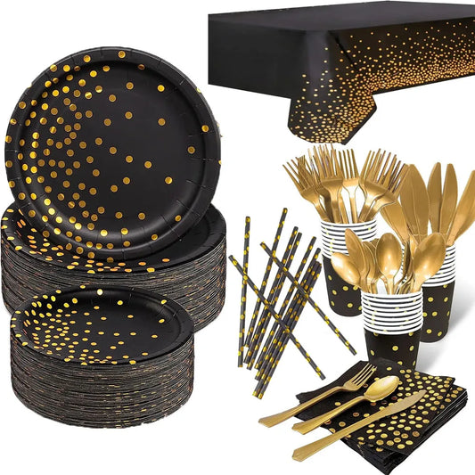 Pack Standard Souccah Noir & Or – Vaisselle jetable élégante pour vos repas de fête