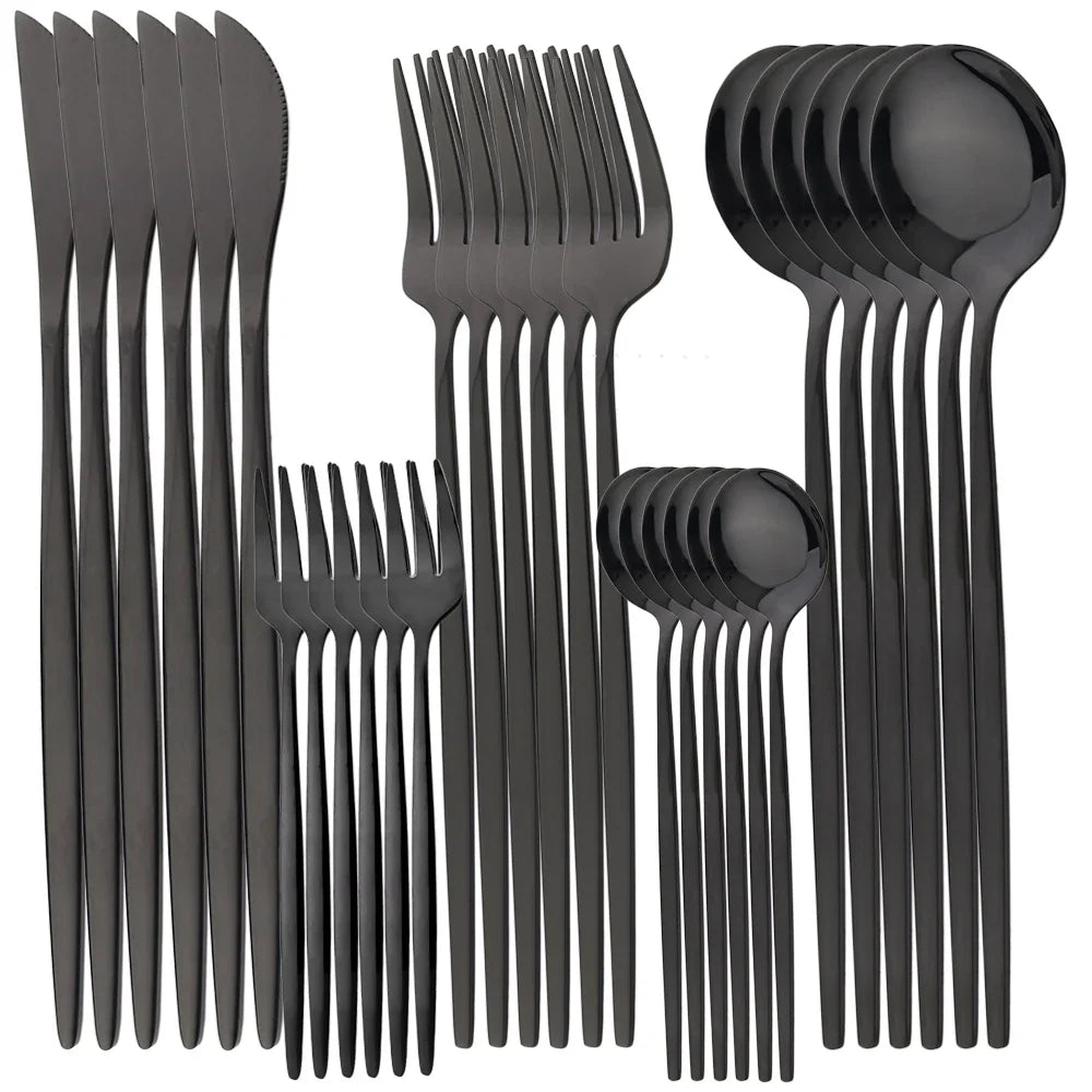 Set de 30 Couverts Élégants Noir , Argent et Dorés – 30 Pièces en Acier Inoxydable, Idéal pour les Repas de Souccot