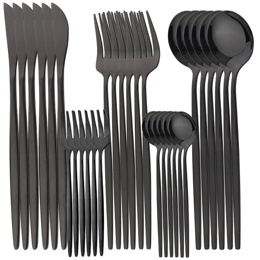 Set de 30 Couverts Élégants Noir , Argent et Dorés – 30 Pièces en Acier Inoxydable, Idéal pour les Repas de Souccot