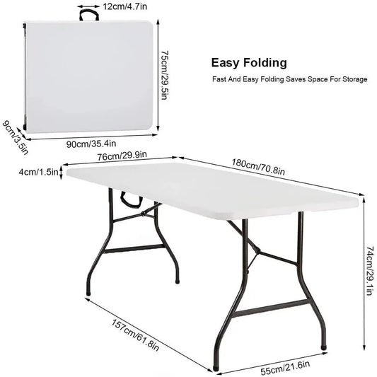 Table Pliante Solide 180x76cm – 8 Personnes, Facile à Transporter avec Poignée, Idéale pour Souccah, Repas de Fête et Événements