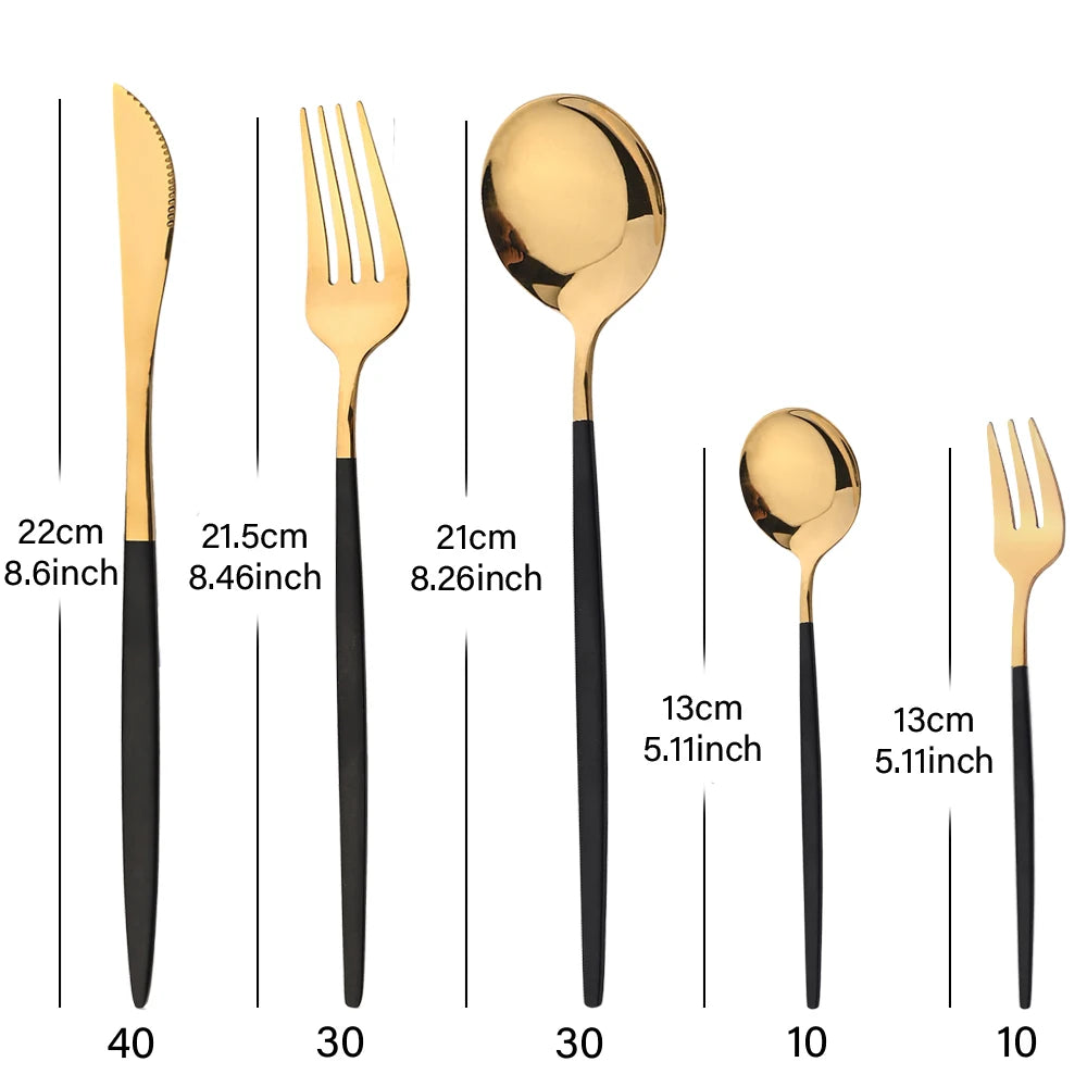 Set de 30 Couverts Élégants Noir , Argent et Dorés – 30 Pièces en Acier Inoxydable, Idéal pour les Repas de Souccot